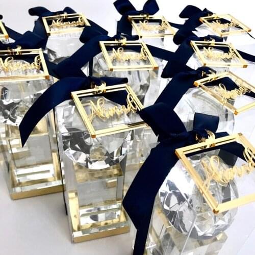48 * Personalized Golden Mirror Acrylic Square Baby Baptism Name Custom Wedding Party Decoration Brand-Name Boutique Box Pendant