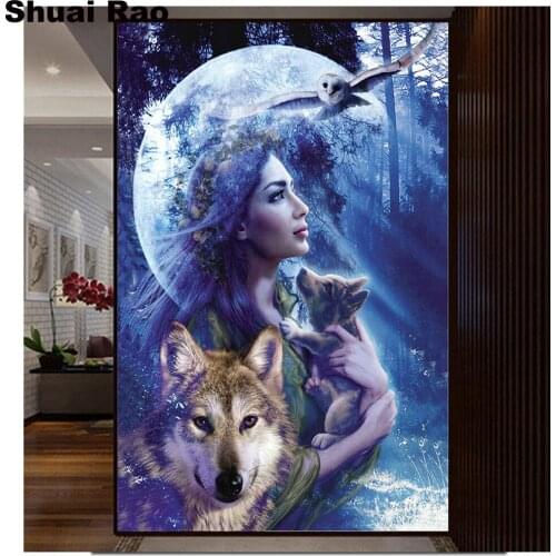 60x90 landscape Wolf girl moon owl 5d diy diamond painting 3d Diamond mosaic full square round resin animal New arrivals sale