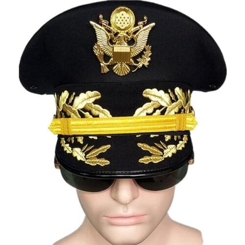 Black American Officer Army Visor Caps U.S. Men Military Land Hats With Eagle Emblem Golden Silk For Halloween Christmas Gift