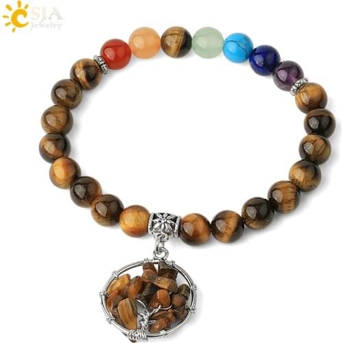 CSJA Natural Stone Charm Bracelets 8mm Tiger Eye Reiki Tree of Life 7 Chakra Yoga Strand Bracelet for Women Healing Jewelry E874
