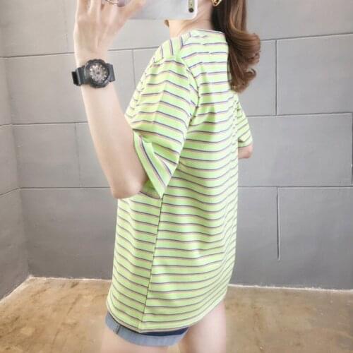 Colored Striped T Shirt Summer New Tshirts For Women Fashion Casual Wild Tops Crew Neck Short Sleeve Tee New