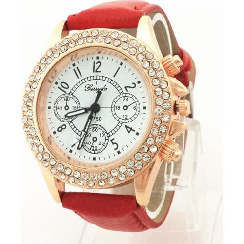 Gerryda fashion woman lady watches,PVC leather belt,crystal deco case in gold plate,three eye imprint dial,quartz movement,G750