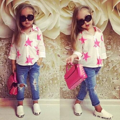 Summer Girls Hole Jeans Chiffon Blouse 2 Pieces Suits Baby Outfits Set Childrens Clothing Denim Long Pants Tops