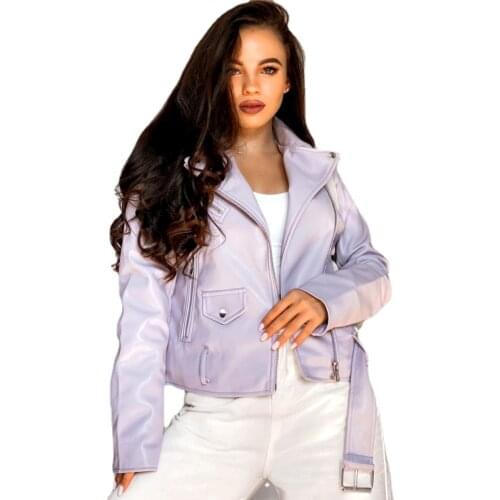 Spring Autumn Women Faux Leather Jacket Ladies Solid With Belt Zipper Biker Coat Female Casual Outwear