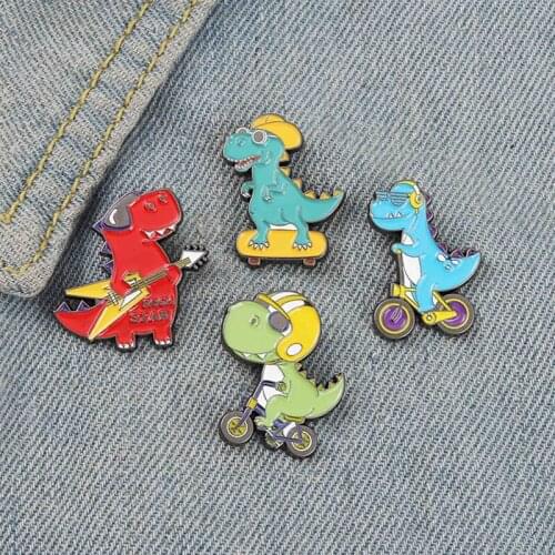 Cartoon Sporty Dinosaur Enamel Pins Badge Guitar Skateboard Brooches For Kids Friends Cute Backpacks Lapel Pin Jewelry Gift