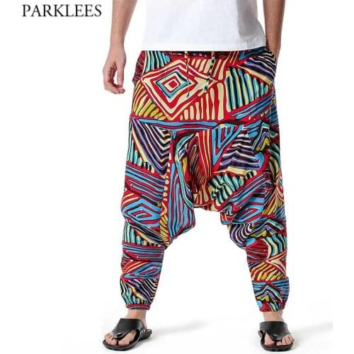 Mens Hippie Baggy Boho Yoga Harem Pants Dizziness African Pattern Print Genie Sweatpants Cotton Casual Hip Hop Ankara Pants