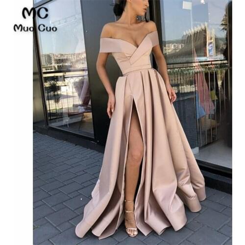 Dusty Pink Off Shoulder Evening Dresses Prom Gown Long V-Neck Satin Short Sleeve Front Slit Vestido Longo Evening Party Dress