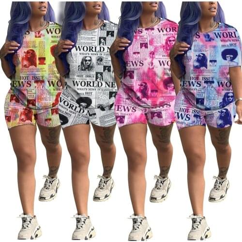 S-2XL 2021 women summer clothing short outfit newpaper printing round neck top and shorts two piece set for women Dropshipping