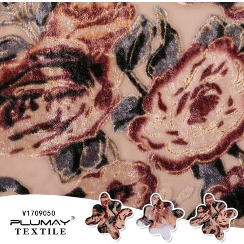 2018 hot sale shaoxing keqiao burnout printed woven silk velvet fabric for dresses by half(1/2) yard