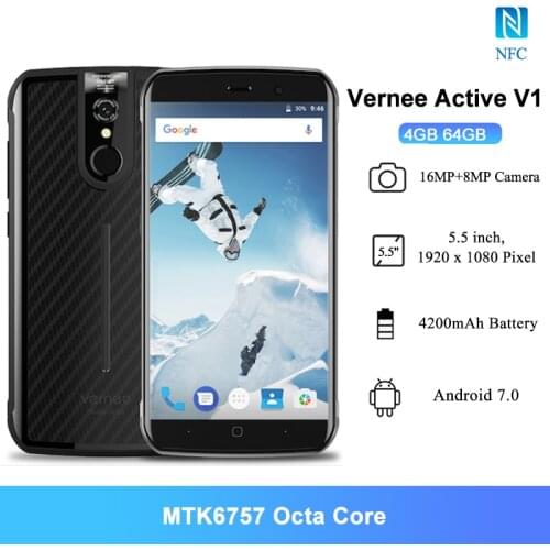 Vernee Active V1 IP68 Waterproof Rugged Smartphone NFC 5.5" 4GB Ram 64GB Rom MT6757 Octa Core 16.0MP 4200mAh Android 7.0 Phone