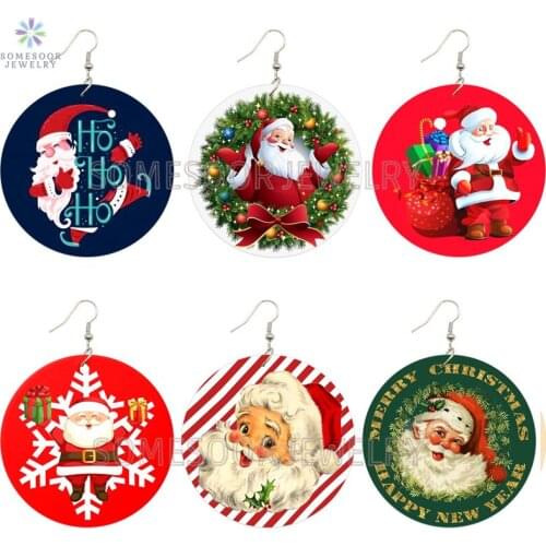 SOMESOOR Merry Christmas Santa Claus Printing Wooden Drop Earrings Happy New Year Art Design Women Dangle Jewelry For Girls Gift