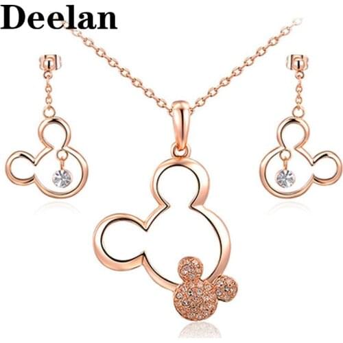 DEELAN Jewelry Sets Mickey Pendant Necklace Drop Earrings Austrian Crystal Weeding Necklaces Set For Women Girls Gift Jewellery