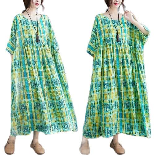 ARCSINX Green Plaid Dresses For Women Large Size 4XL 5XL 6XL Casual Prairie Chic Womens Dress Oversized Summer Dresses Women