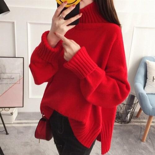 Turtleneck Sweater Women Loose Side Opening Winter Elegant All-match Fashion Koreaning Version Of Red Inner Knit Bottoming Shirt