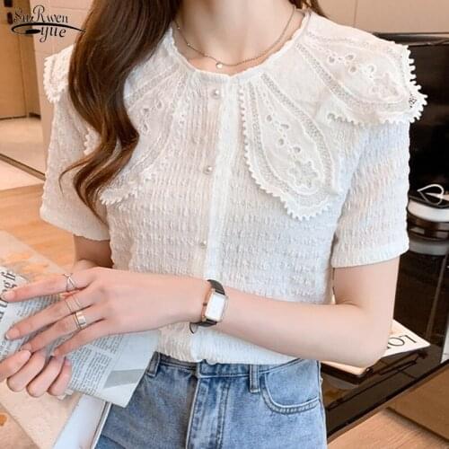 Summer Chiffon Blouse Women Korean Chic Embroidery Collar White Shirt Short Sleeve Casual Tops Womens Clothing 2021 New 15274