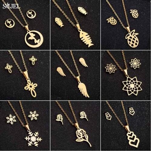 SMJEL Trendy Fish Heart Wing Rose Flower Gold Color Stainless Steel Sets For Women Necklace Earrings Bridal Wedding Jewelry