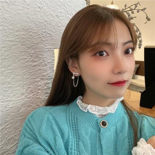 S925 needle five-pointed star earstud pearl earclip without earhole women light luxury high sense cold wind earring chain tide