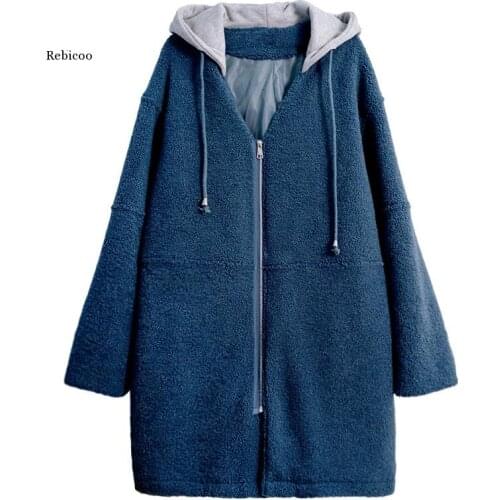 Women Winter Coats Casual Hooded Collar Lamb Wool Coat Girl Outside Keep Warm Leisure Time Long Sleeve Loose Plus Size