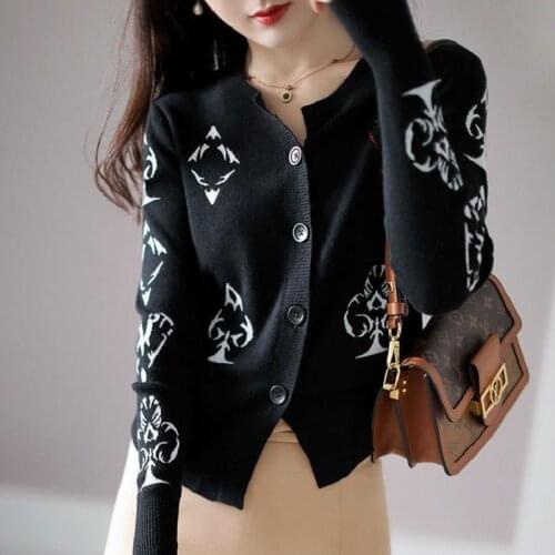 Black Print Knitted Cardigan Womens Long Sleeve Loose 2021 New Fashion Spring And Autumn Womens Sweater Foreign Style Top