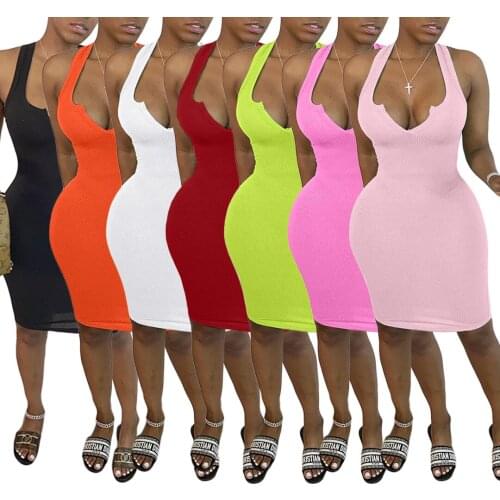 Somoshein S-2XL Women Summer Clothing Fashion Mini Dress Club Sexy Solid Color V Neck Halter Dresses Wholesale Dropshopping