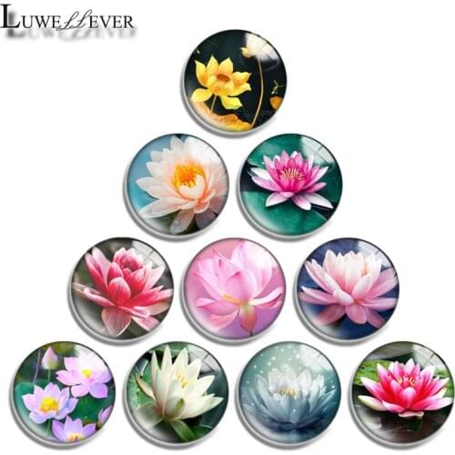 12mm 14mm 16mm 20mm 25mm 30mm 666 Lotus Mix Round Glass Cabochon Jewelry Finding 18mm Snap Button Charm Bracelet