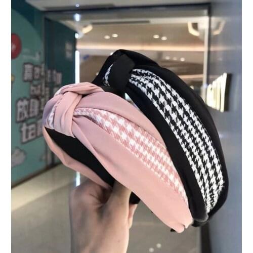 2020 New Arrival Checked Turtan Headband Houndstooth Check Front Knot Hair Band Alice Headband for Women Hair Accessories