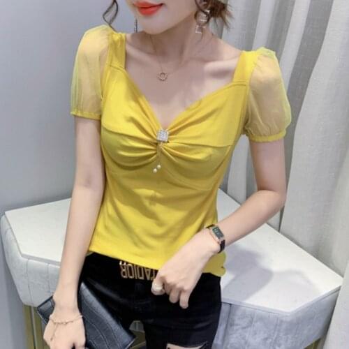 #6138 Sexy Club T Shirt Women Spliced Gauze Short Sleeve T Shirt Female V Neck Cotton Slim T Shirt For Girl Summer Tops Solid