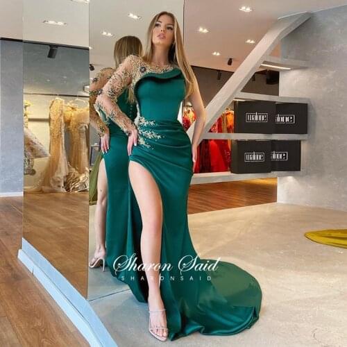 Emerald Green Mermaid Arabic Evening Dress Long Sleeve Luxury Dubai Crystal Side Slit Prom Formal Dresses for Women Wedding Gown