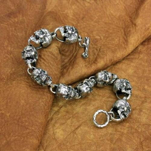 Huge Skull Bracelet 925 Sterling Silver Mens Biker Rock Punk Chain TA220