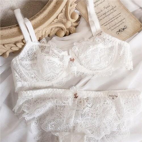 Wriufred Sexy ultra-thin bra panty set lace gathered with steel ring perspective lingerie set light luxury underwear plus size