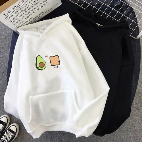 Korean Fashion Women Hoodies Winter Harajuku Kawaii Avocado Vegan Bread Cartoon Print Sweatshirts Couple Hoodie Tumblr Black Top