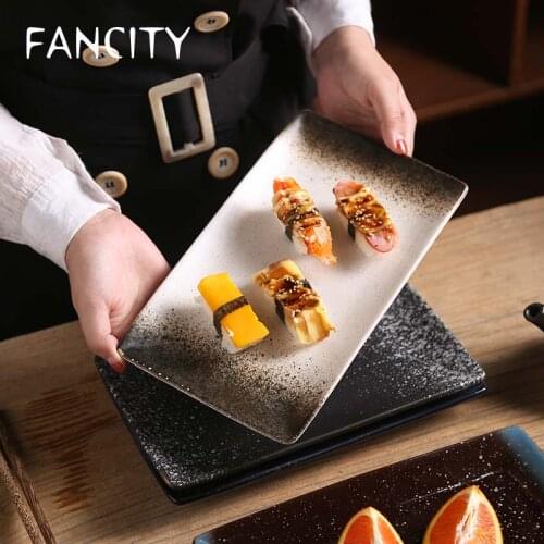 FANCITY Creative sushi plate ceramic rectangular plate household Japanese tableware retro dinner plate creative dessert plate