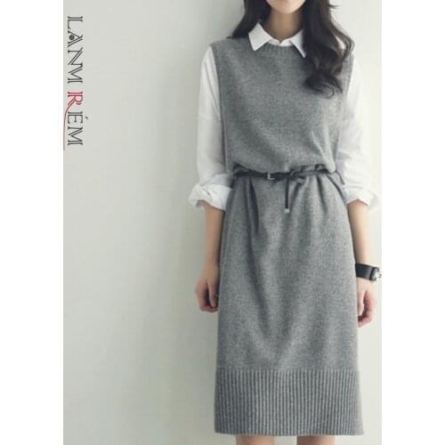 LANMREM Casual Round Neck Knitted Sweater Women Gray Sleeveless Long Pullover With Belt 2021 Autumn Fashion Clothing Top 2C2074