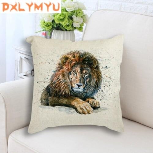 Linen Cushion Black Panther Lion Tiger Bison Watercolor Paint Pillow Throw Pillow 45x45cm Nordic Decorative Cushion for Sofa
