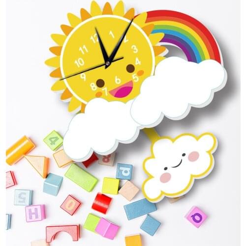 Lovely Sun Rainbow Ornaments Wall Clock Wall Stickers Decorative Creative Pendulum Animal Clock For Children Kidroom Bedroom etc