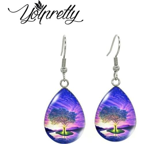 2021 New Yin Yang Landscape Paintings Tree Oil Paintings Tear Drop Earrings Handcraft Fish Hook Earrings