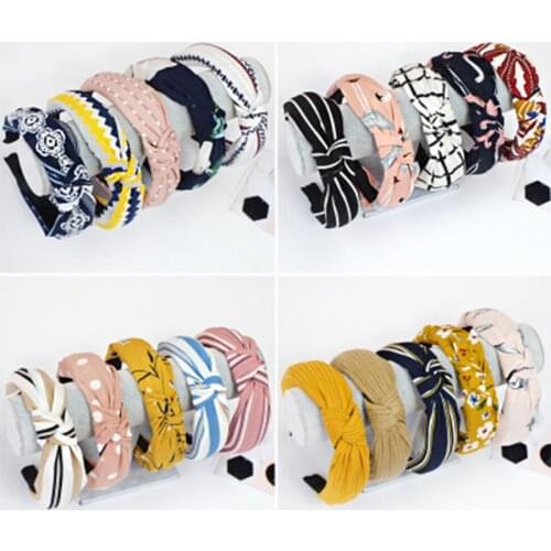 Women Elegant Top Knot Headband Print Dot Hairbands Girls Striped Plaid Flower Hair Hoop Fashion Hair Accessories FG0320