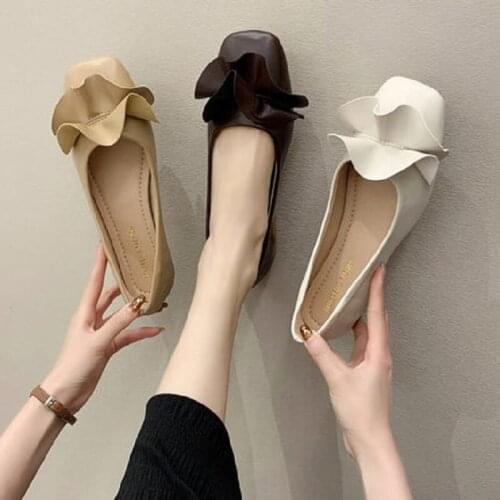 Solid Color Flat-Bottomed Square Toe Ruffled Womens Single Shoes Shallow Mouth Set Foot Spring And Autumn Elegant Boat Shoes