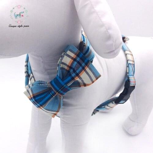 Dog Collar Harness with Bow tie Adjustable Buckle Dog Cat Gift Dog Collar Harness Pet Harness Accessory Soft Blue Plaid Cotton
