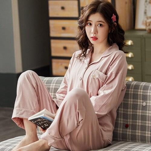 Long Sleeve Women Pajama Set Cotton Autumn Winter Pajama Suit Female Comfort Loose Casual Homewear Solid Color Sleepwear Set