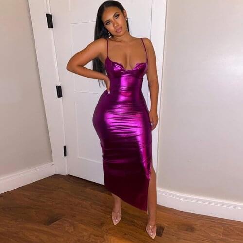 Purple Maxi Dress Women Party Style Sexy Bodycon Sheath Shiny Cleavage Backless Sling Sleeveless Split Skirt Female Clothing