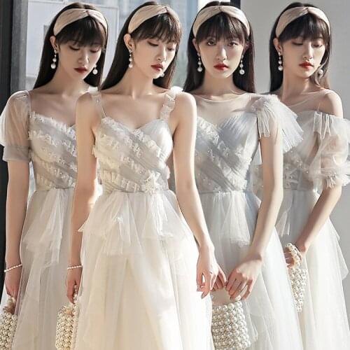 Bridesmaids Dresses Illusion Pearls Pleat A-Line Strapless Lace Tulle Floor-Length Spaghetti Straps Lady Wedding Party Gown E361