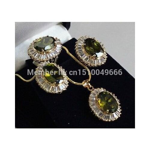 SU225 Hot sale FREE SHIP>>>Plated Inlay Peridot Crystal Necklace Ring Earring set AAA 01