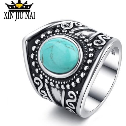 Utimtree High Quality Vintage turquoise Rings for Women And Men Green Black Stone Wide Punk Finger Ring Bands Boho Anel Bijoux