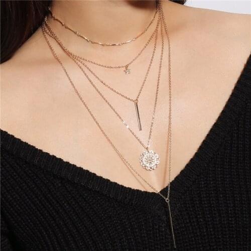 Vintage Multilayer Gold/Silver Color Chain Chokers Necklaces Bijoux Femme Charm Tiny Star Sun Flower Collares Necklace