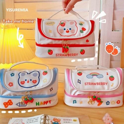Yisuremia New Kawaii Pencil Bag Pen Case 2 Layer High Capacity Pencils Pouch Free 1PC DIY Sticker School Stationery Girl Gift
