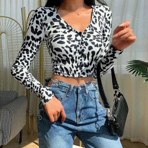Sexy Womens T-shirts Print Slim Long sleeve Animal Pattern V Neck Buttons up Tops Ladies Streetwear Casual Tee Autumn Clothes