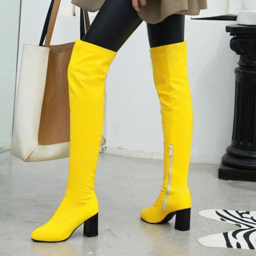 2019 Fashion Over the Knee Boots Soft Pu Leather High Heel Long Boots Autumn Winter Zipper Female Boots Black Yellow White Red