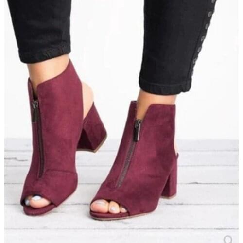 New Ankle Boots Faux Suede Leather Casual Open Peep Toe High Heels Zipper Fashion Square Rubber Black Shoes For Women Size 34-43