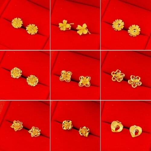 New 24K Gold Stud Earrings for Women Trendy Clover Flower Heart Pure Gold Earings Wedding Party Fashion Jewelry Wholesale